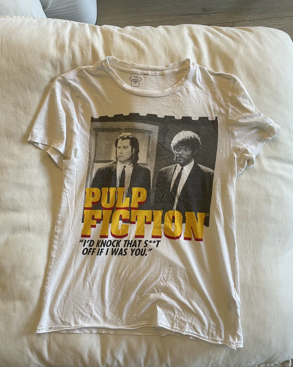 Pulp Fiction white graphic tee, distressed